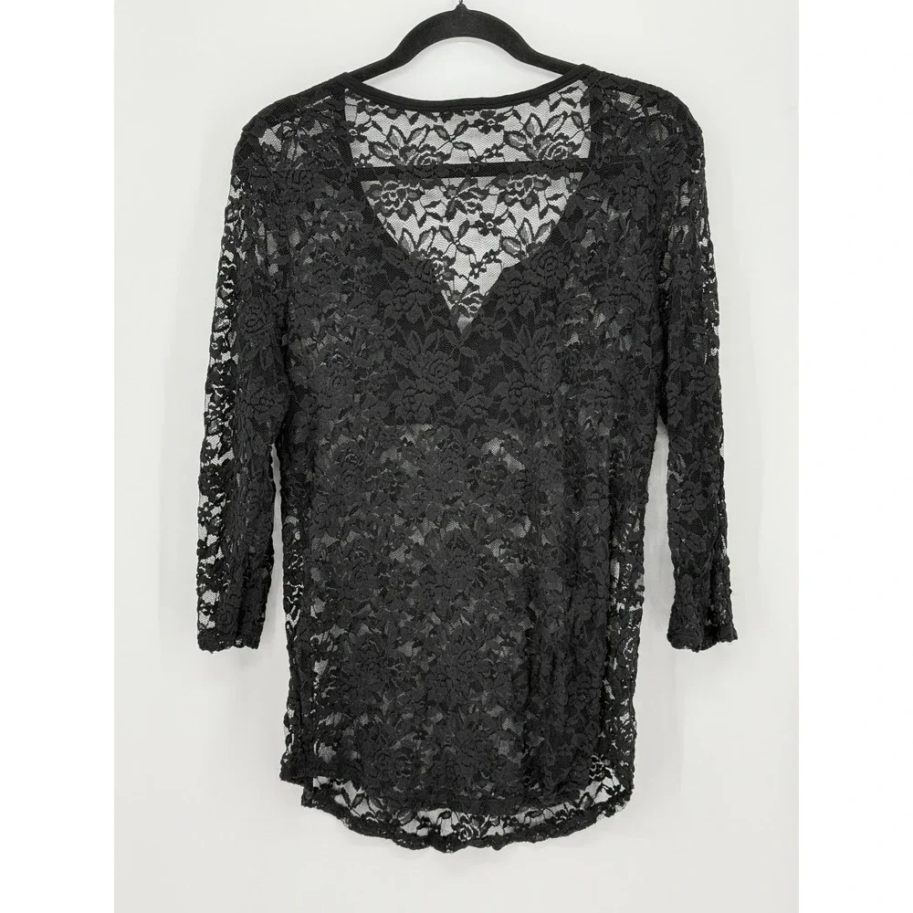 Womens Black Whimsigoth Floral Lace V-Neck Fitted Sheer Top 3/4 Sleeve Grunge